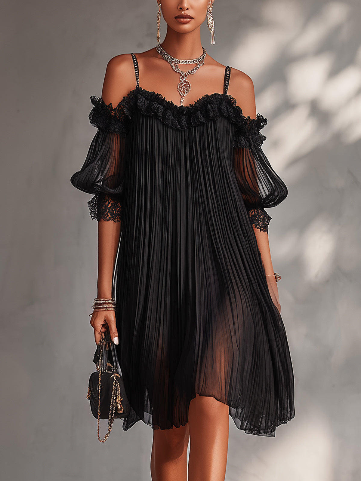 Vittoria | Vestido negro de muselina con hombros al aire y ribetes de encaje